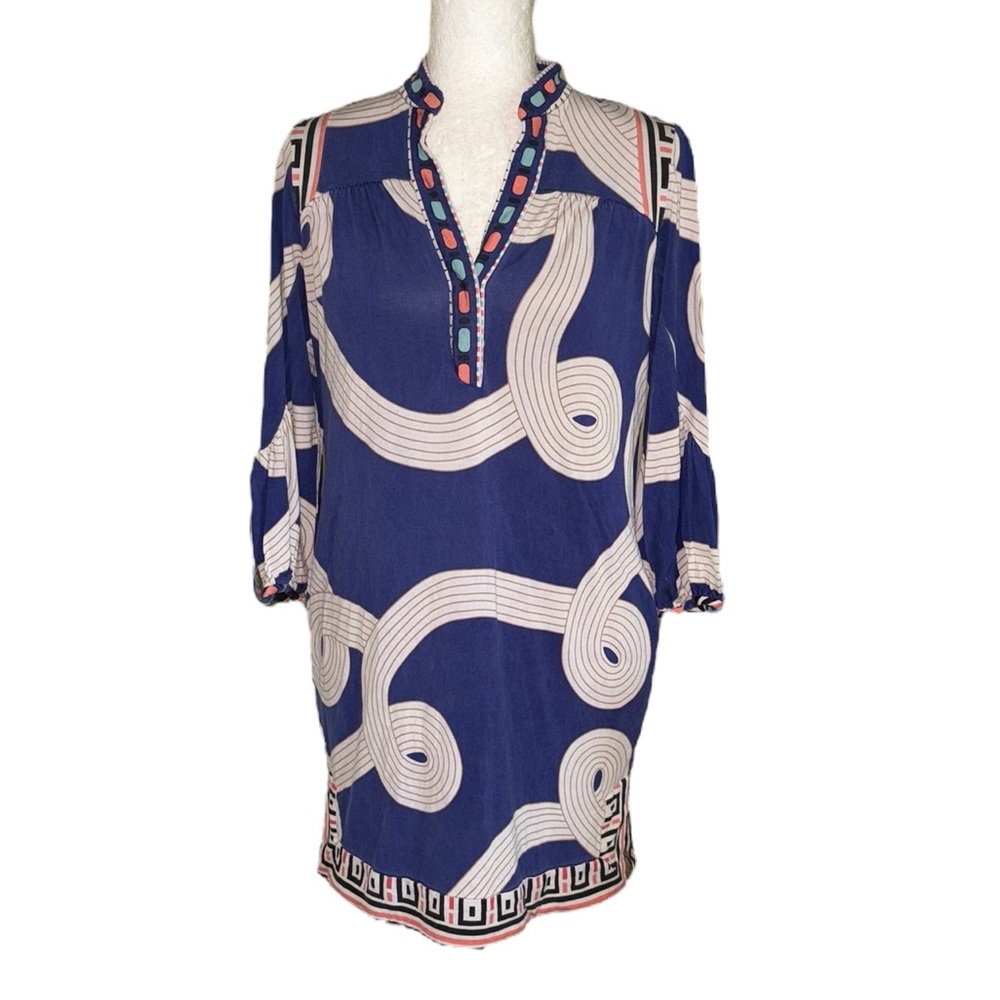 Diane Von Furstenberg Letha Blue Geometric Silk Jersey Knit Tunic Mini Dress - 6
